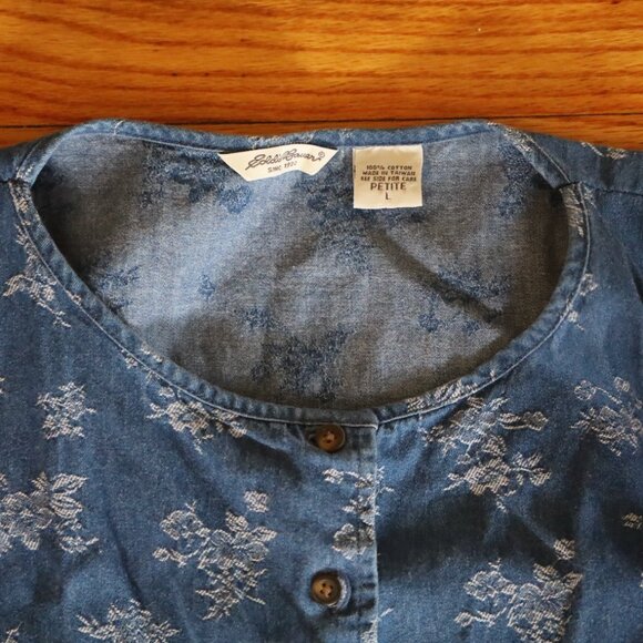 Vintage Eddie Bauer Floral Denim Dress Size LP - Picture 2 of 2